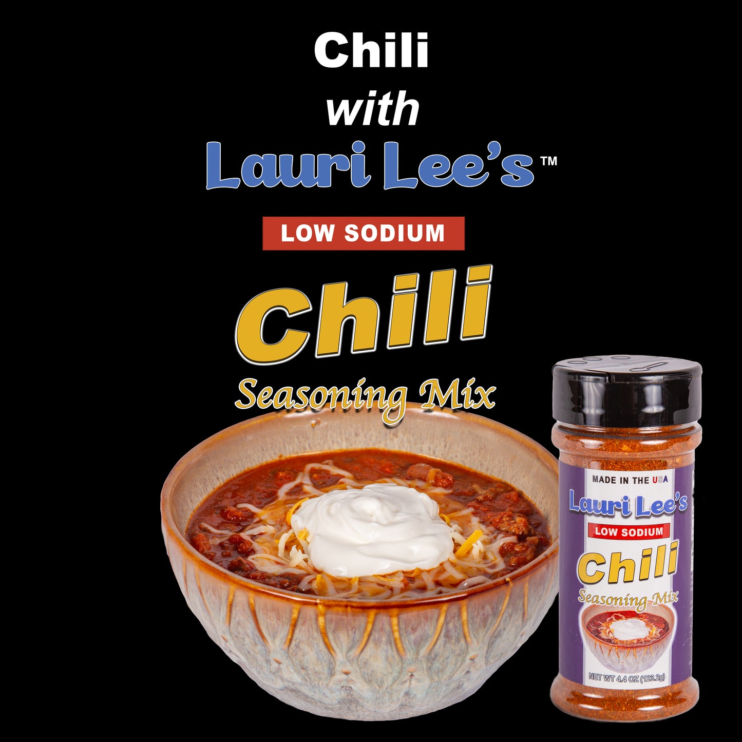 Lauri Lee's Low Sodium Chili Seasoning Mix - 4.4 oz. Bottle - Made in USA - Perfect for Heartier, Spicy Chili - Very Low Sodium Content