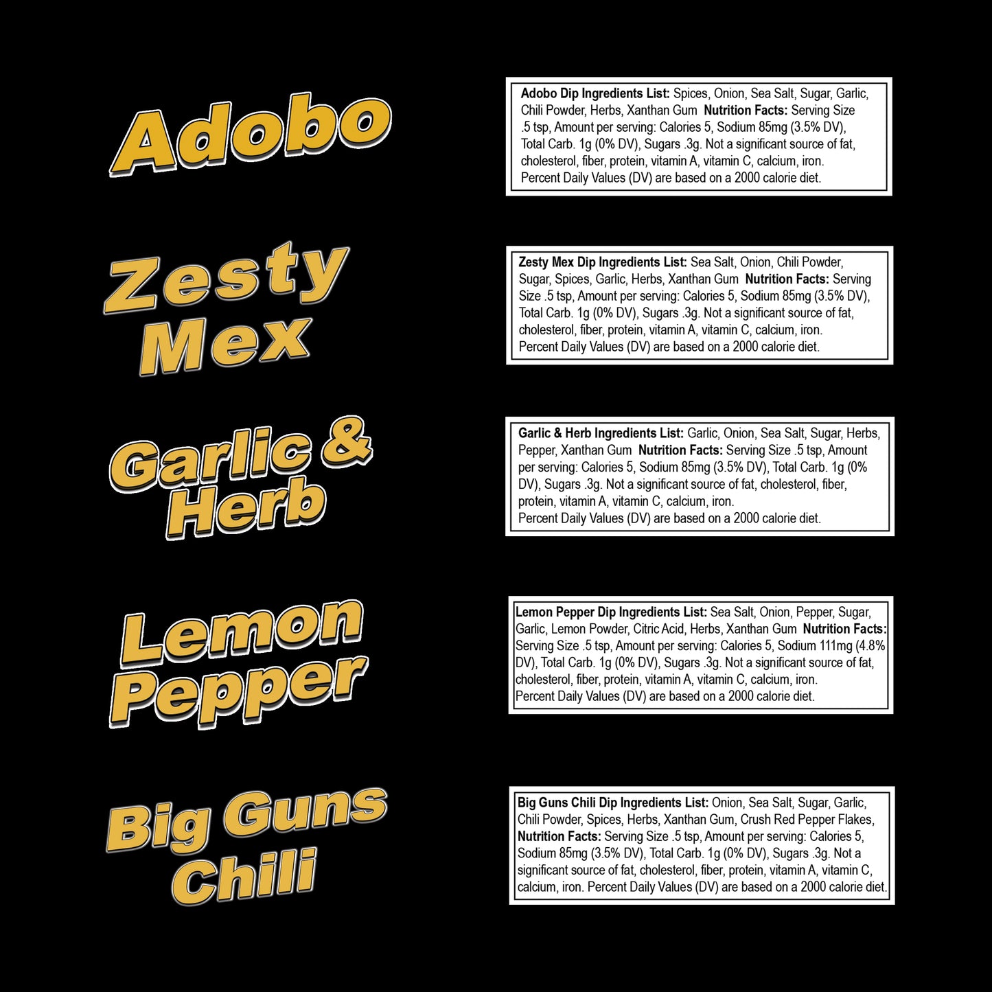 Lauri Lee's Complete Low Sodium Party Dip Mix Combo Pack - Adobo, Zesty Mex, Garlic & Herb, Big Guns Chili, Lemon Pepper - Made In USA - All Natural Party Dip Mixes for Party Time, Game Time, or Anytime, Big on Flavor - Low on Salt
