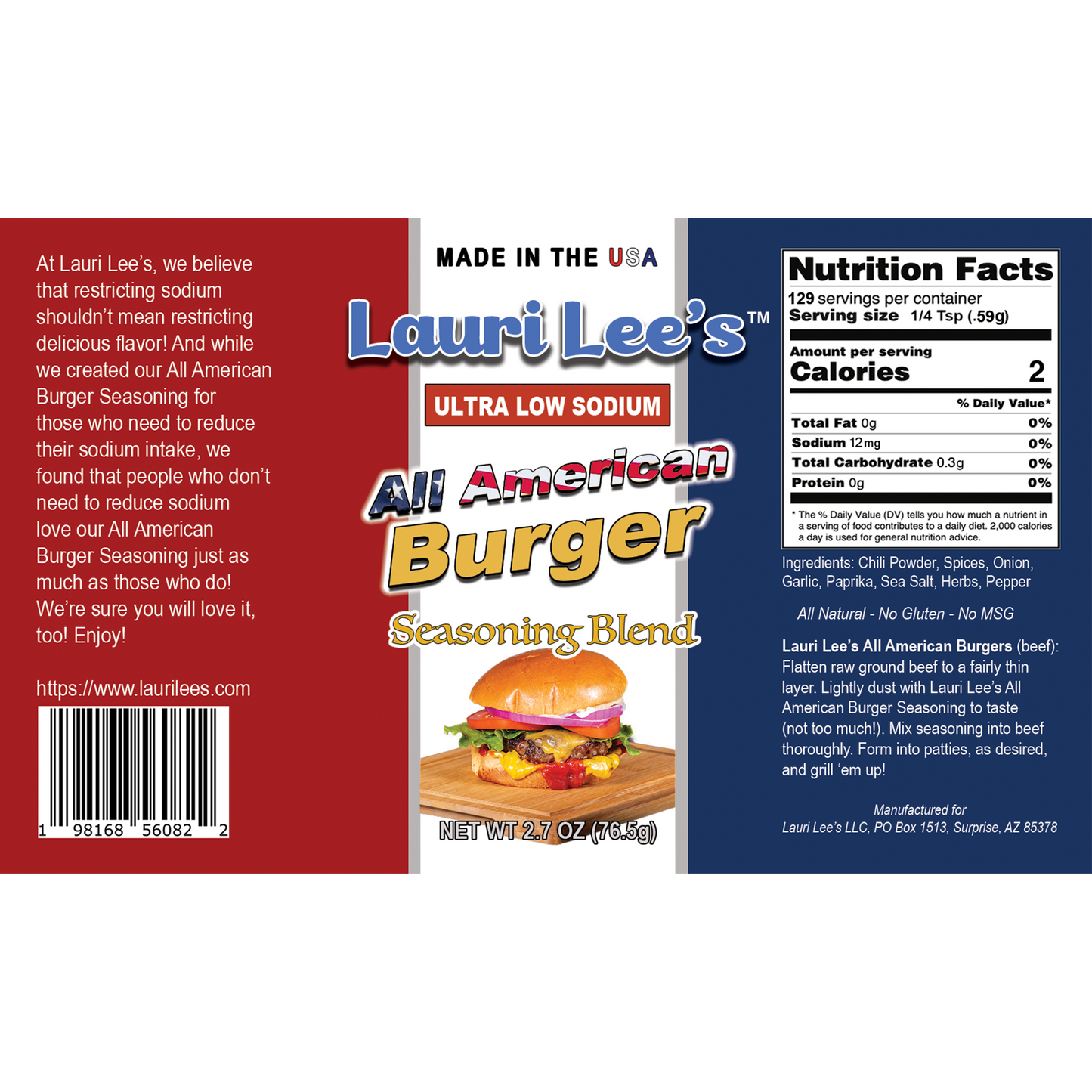 Lauri Lee's Ultra Low Sodium All American Burger Seasoning Blend - 2.7 oz. Bottle - Made in USA - Great Flavor for Grilled Burgers & More