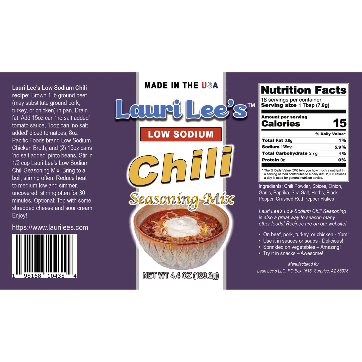 Lauri Lee's Low Sodium Chili Seasoning Mix - 4.4 oz. Bottle - Made in USA - Perfect for Heartier, Spicy Chili - Very Low Sodium Content