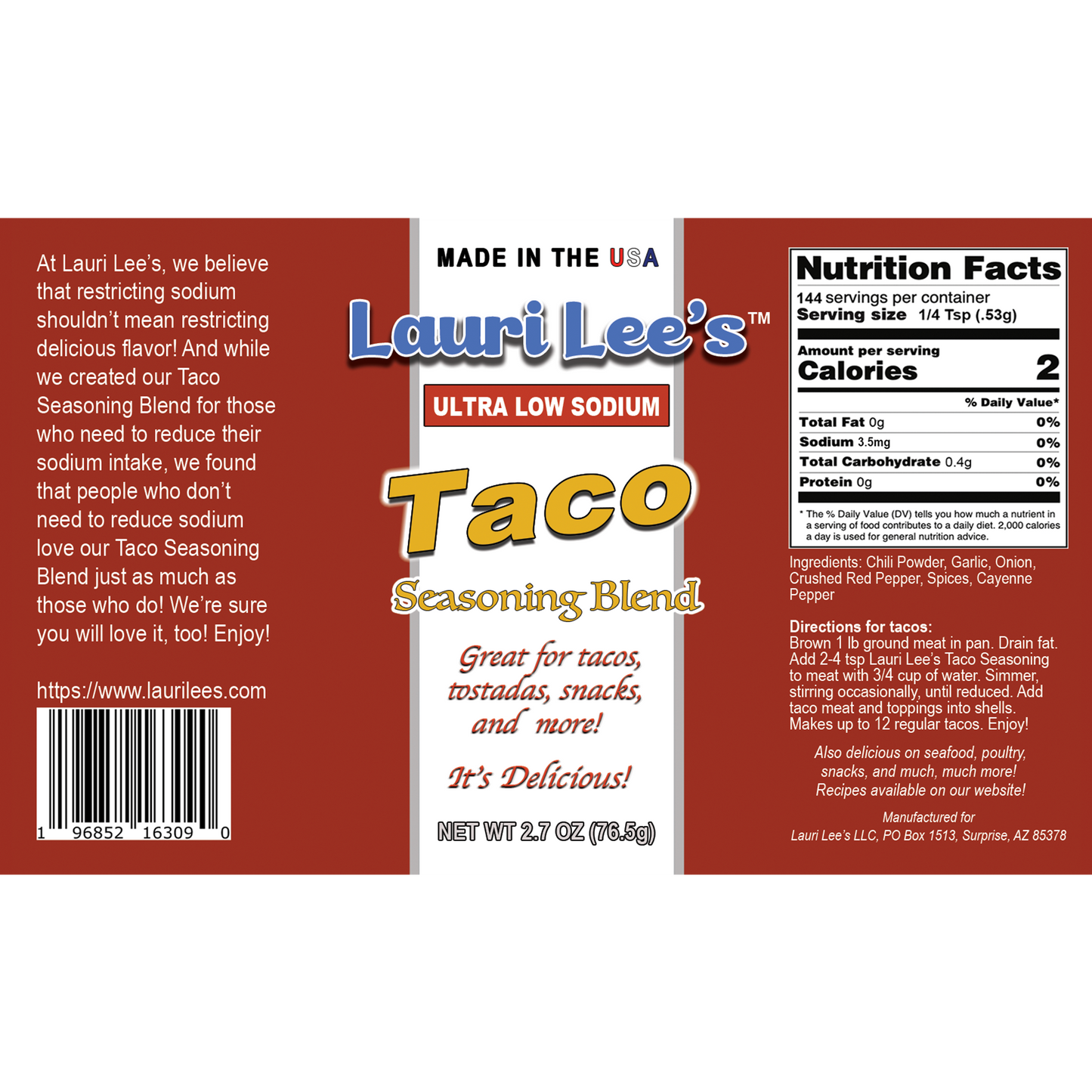 Lauri Lee's Ultra Low Sodium Taco Seasoning Blend - 3.5mg Sodium Per Serving - Made in USA - Delicious on Tacos, Seafood, Snacks, and More!