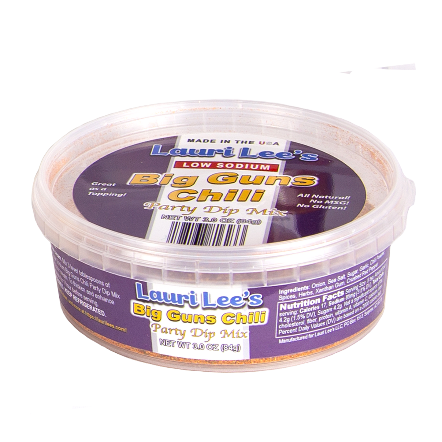 Lauri Lee's Big Guns Chili Dip Mix - Low Sodium Party Dip - 3 oz. Tub - Bring the Big Guns of Flavor to Your Next Party! - Made in USA