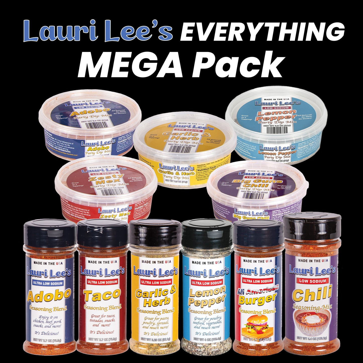 Lauri Lee's EVERYTHING Ultra Low Sodium Seasoning Blend/Low Sodium Party Dip Mix MEGA Pack - ALL of our Seasoning Blends and ALL of our Party Dip Mixes in One MEGA Pack! - Made In USA - Every Bold Flavor, Without All the Salt