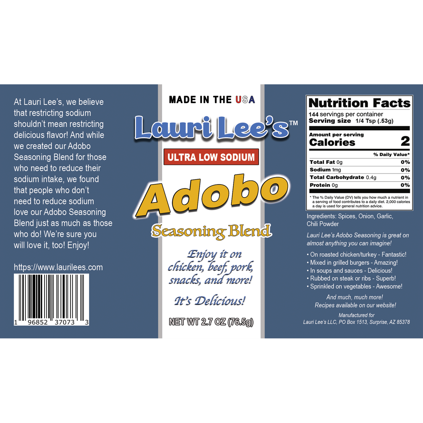 Lauri Lee's Ultra Low Sodium Adobo Seasoning Blend - 2.7 oz. Bottle - Made in USA - So Versatile, Use It On Almost Everything!