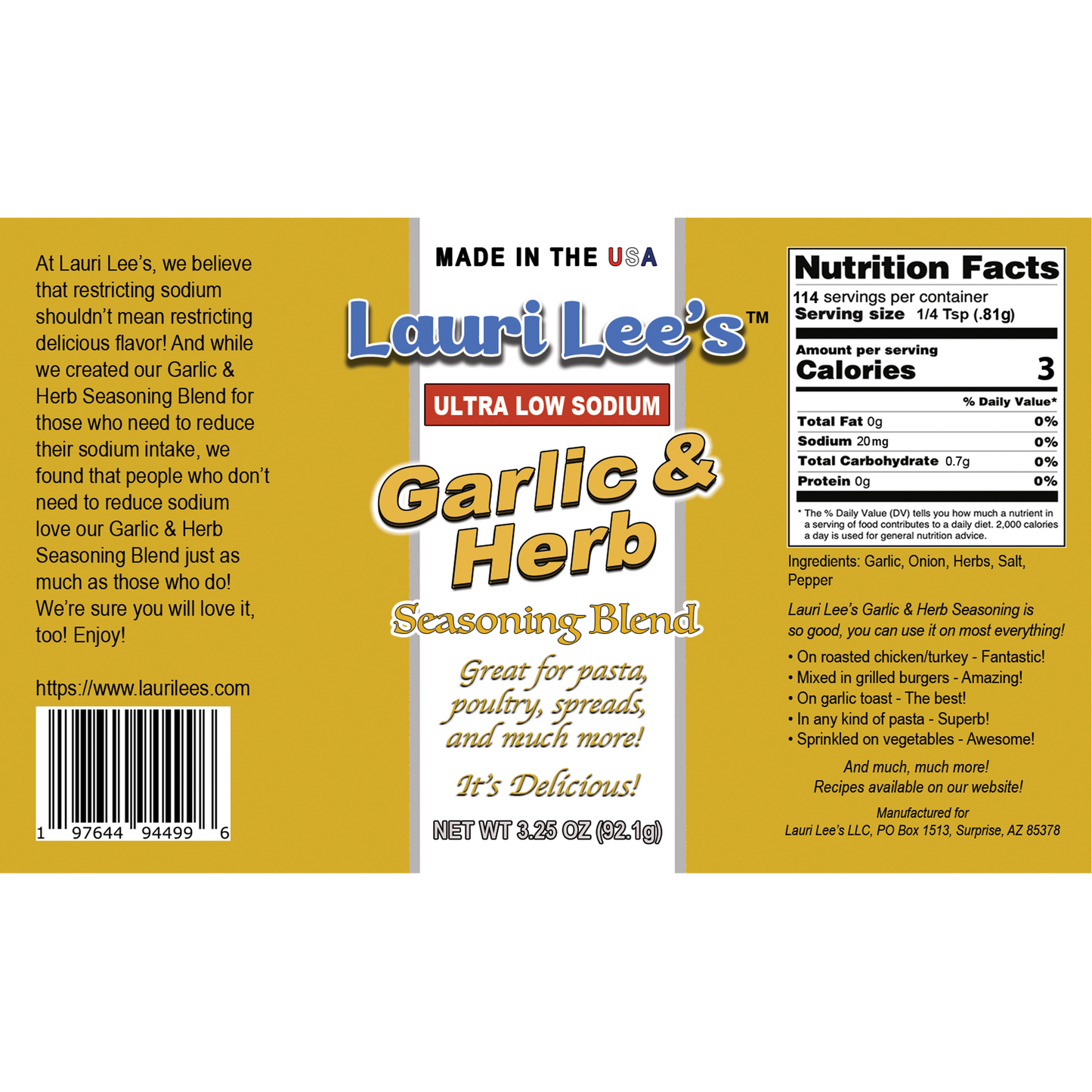 Lauri Lee's Ultra Low Sodium Garlic & Herb Seasoning Blend - 20mg Sodium Per Serving - Made In USA - Versatile Flavor for Pasta Poultry & More
