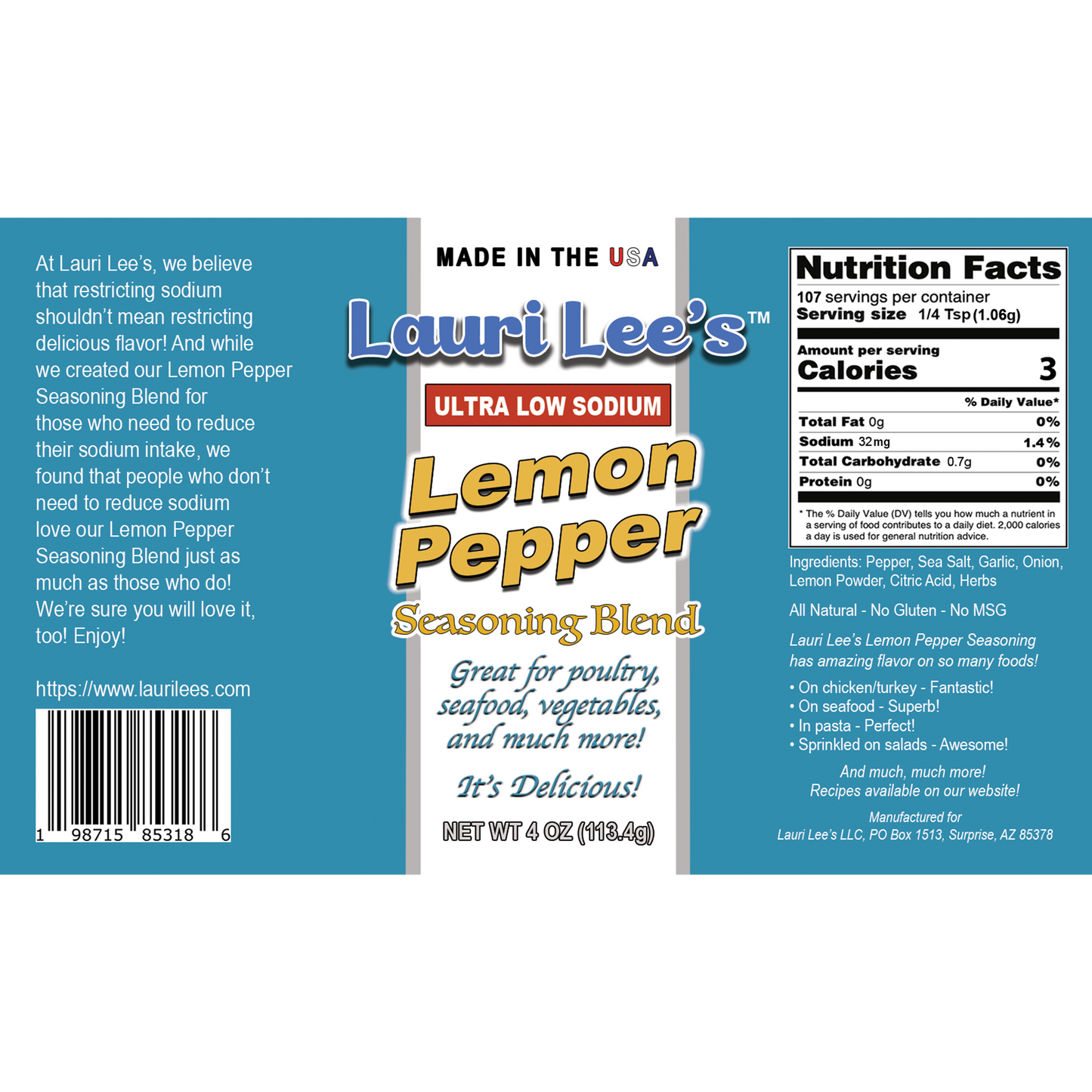 Lauri Lee's Ultra Low Sodium Lemon Pepper Seasoning Blend - 32mg Sodium Per Serving - Fantastic on Poultry, Seafood, Salads, Vegetables, and More! - Made in USA