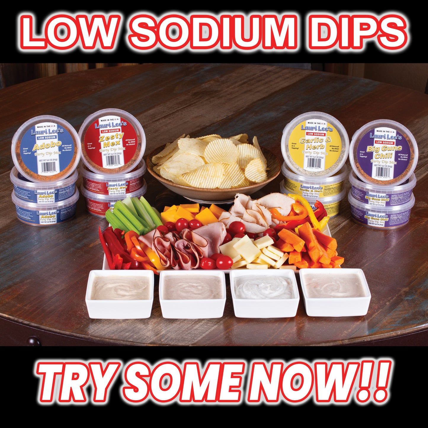 Lauri Lee's Complete Low Sodium Party Dip Mix Combo Pack - Adobo, Zesty Mex, Garlic & Herb, Big Guns Chili, Lemon Pepper - Made In USA - All Natural Party Dip Mixes for Party Time, Game Time, or Anytime, Big on Flavor - Low on Salt