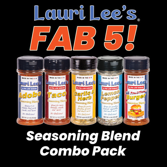 Lauri Lee's FAB 5! Ultra Low Sodium Seasoning Blend Combo Pack - Adobo, Taco, Garlic & Herb, Lemon Pepper, All American Burger - Made In USA - Bold, All Natural Seasoning Flavors for Virtually All Foods, Without All The Salt