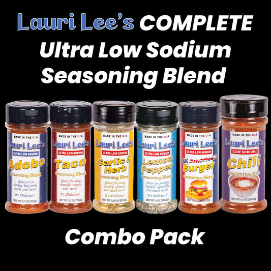 Lauri Lee's Complete Ultra Low Sodium Seasoning Blend Combo Pack - Adobo, Taco, Garlic & Herb, Lemon Pepper, All American Burger, Chili - Made In USA - Bold, All Natural Seasoning Flavors for Virtually All Foods, Without All The Salt