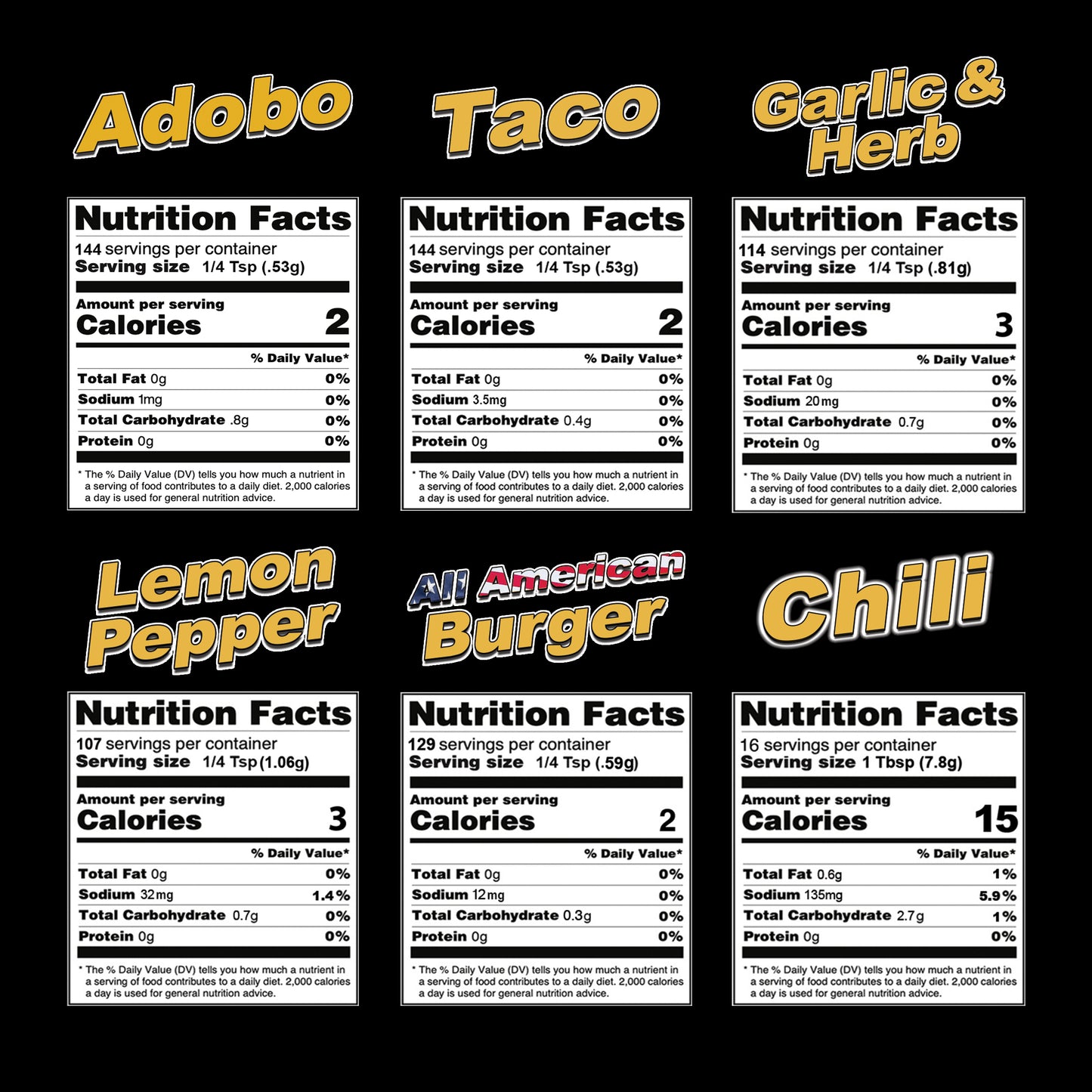 Lauri Lee's Complete Ultra Low Sodium Seasoning Blend Combo Pack - Adobo, Taco, Garlic & Herb, Lemon Pepper, All American Burger, Chili - Made In USA - Bold, All Natural Seasoning Flavors for Virtually All Foods, Without All The Salt