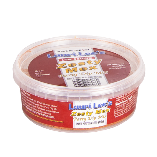 Lauri Lee's Low Sodium Zesty Mex Party Dip Mix - 3 oz. Tub - Zesty and Delicious, Also Great for Toppings - Made in USA